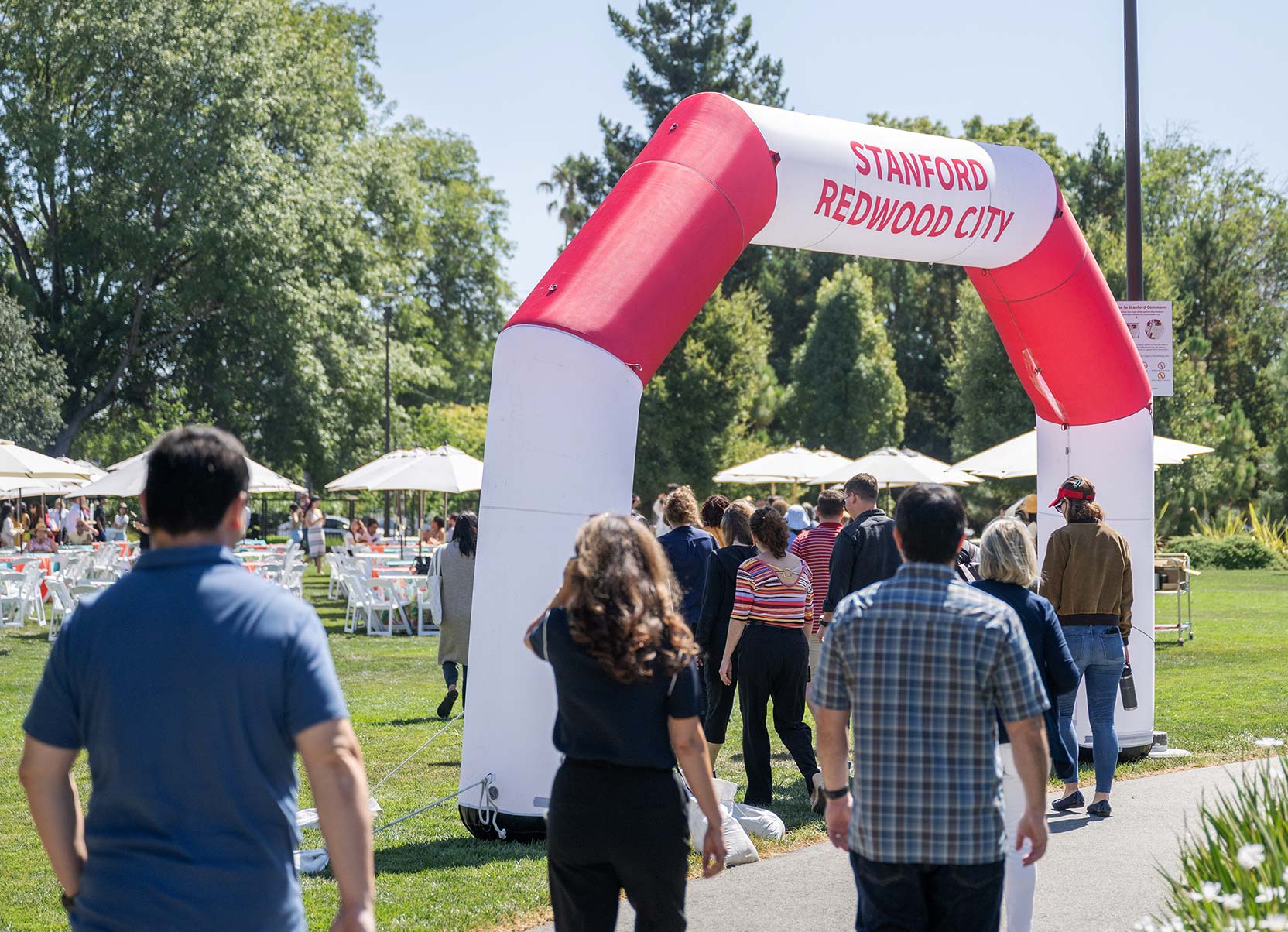 Staff gather for the 5th Anniversary celebration of the Stanford Redwood City campus's opening.