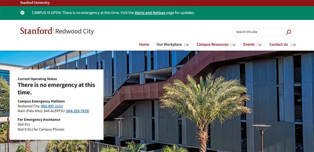 A page on Stanford University Redwood City's website is displayed, indicating that the campus is open and there is no emergency at this time, with contact information for emergencies.