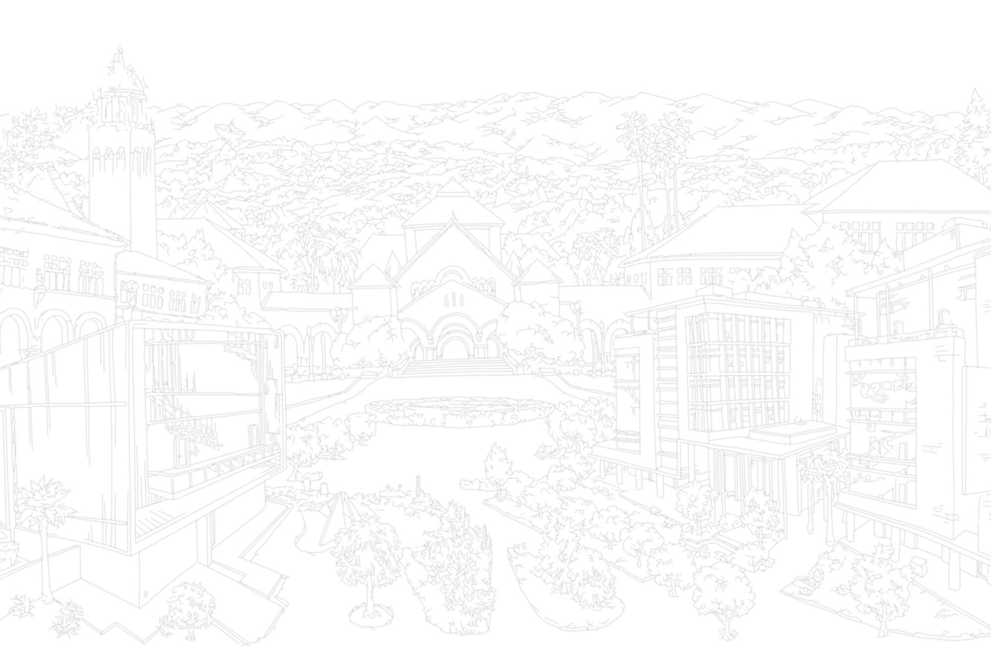 Black and white sketch of buildings from Stanford's main campus and Stanford Redwood City campus