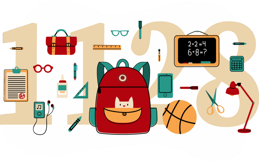 Community infographic, featuring the number 1128 and an illustrated assortment of back to school items such as a backpack, balls, crayons, and more.
