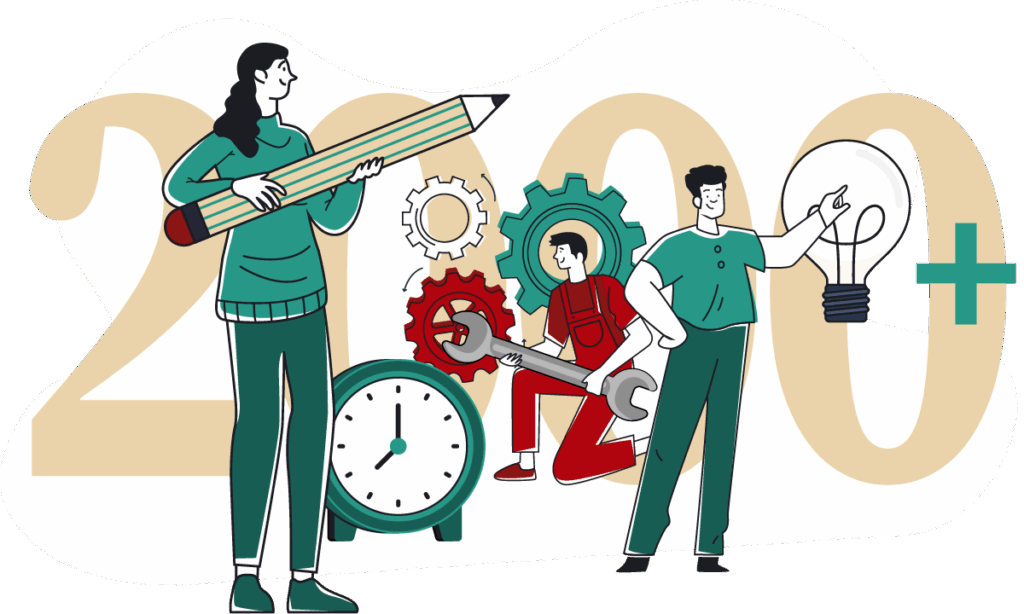Operations infographic featuring the number 2000+ and figures with a pencil, gears, a clock, and a light bulb.